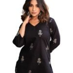 Floral Print Rayon Kurta for Women | Regular Fit Top | Stylish Top for Girls | Top for Office | Kurti for Women | Black | 1083