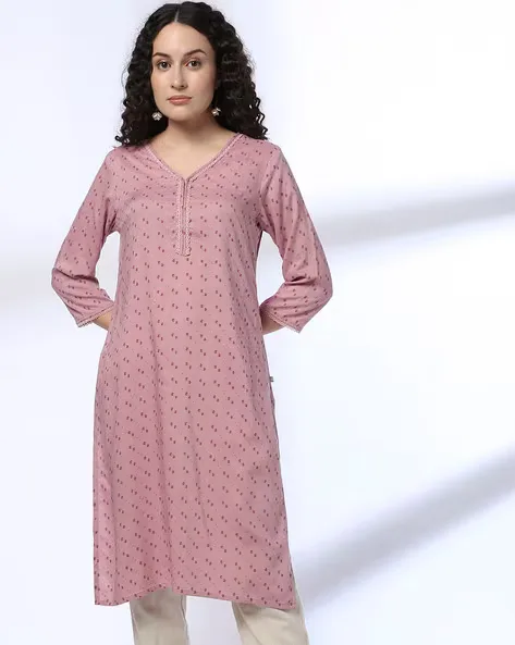 473Wx593H-443064482-oldrose-MODEL-1.webp Women Micro Print Straight Kurta - Image 1
